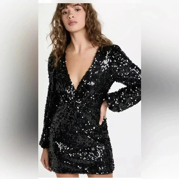 NEW WAYF Black CARRIE Balloon Long Sleeve Sequin Cocktail Mini Dress - Picture 2 of 13